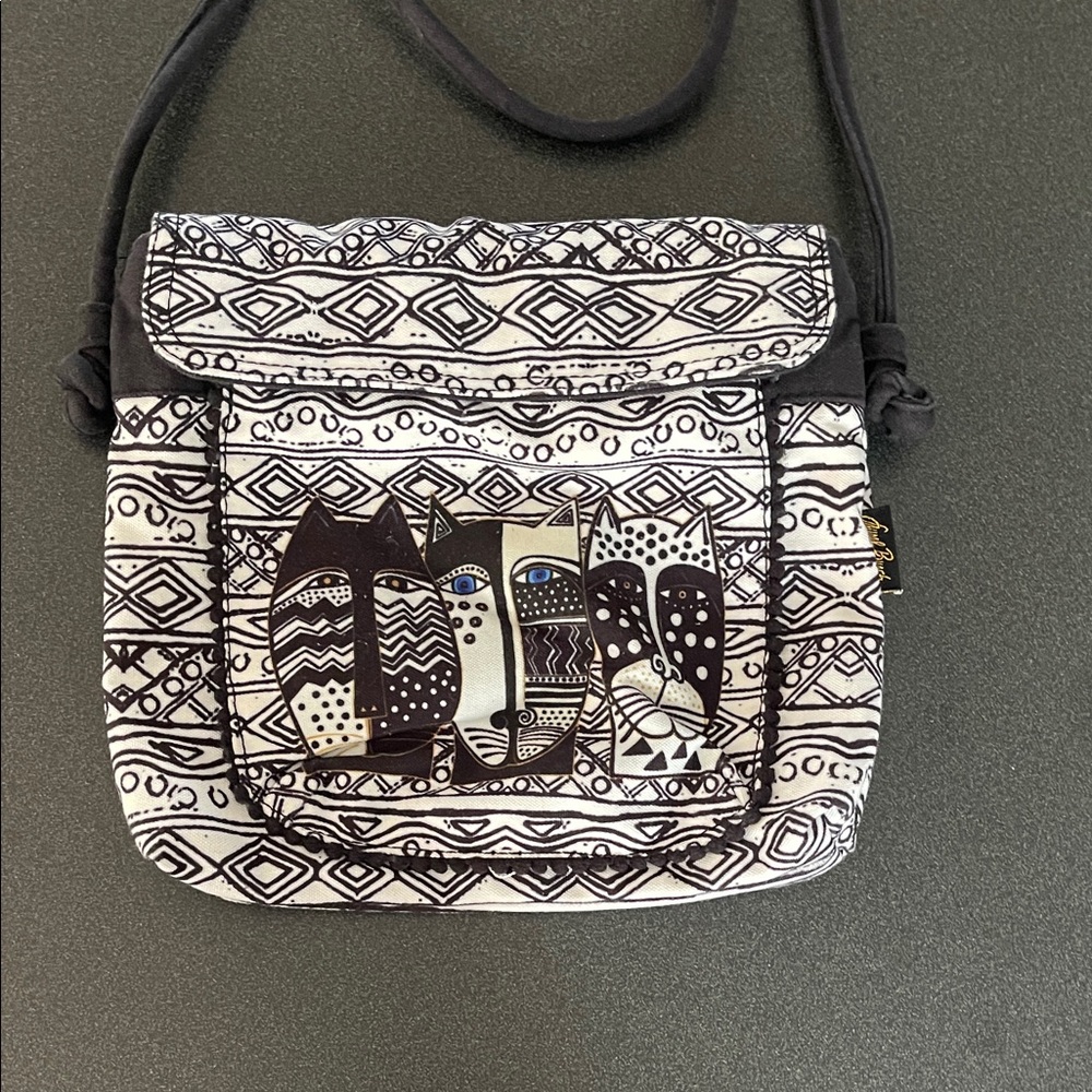 Black & White Patterned Crossbody Bag with Cat Motif